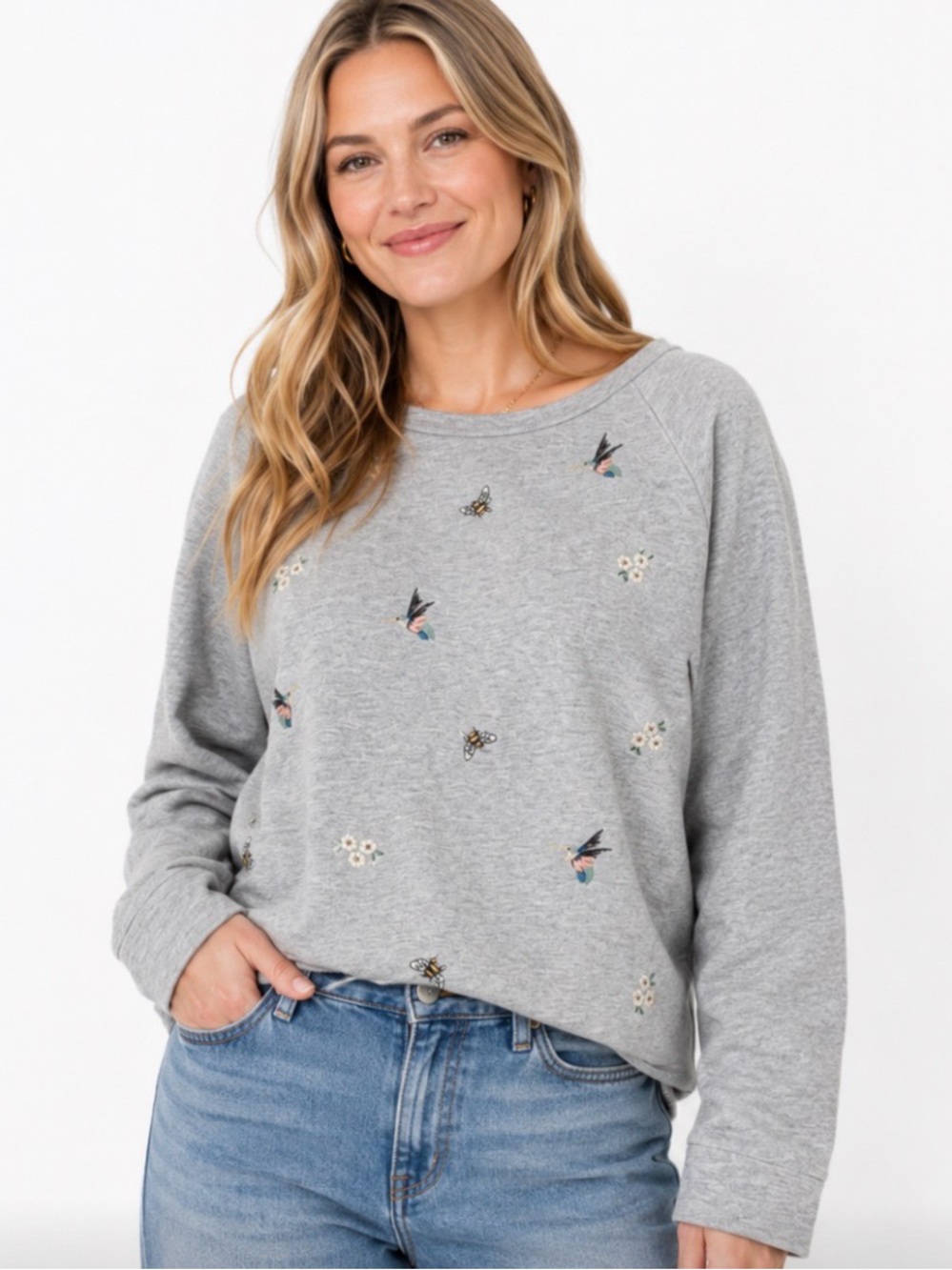 * Verve Ami Gray Embroidered Sweatshirt XL Hummingbird Bee Floral Pullover